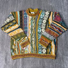 Vintage 90s Coogi Abstract Style 3D Knit Grandpa Fashion Fall Winter Season 1990s Fashion Multi Color Pullover Sweater Large Mens  Condition:  Excellent Used Condition  = No Flaws Measurements: Please see photos above for all measurements IF YOU BUY TWO OR MORE ITEMS USE THE CODE BUNDLE @ CHECK TO SAVE 20% WE SHIP WITHIN 24 HOURS AFTER PURCHASE! Please be aware that we do not offer free returns!! The Buyer is responsible for the cost of the return label. Follow us on TikTok & Instagram @findsnostalgic and tag us in your finds Funky Grandpa Sweaters, Colorful 90s Fashion, Grandpa Fashion, Artistic Clothing, Teacher Fits, Coogi Sweater, Old Hollywood Fashion, Vintage Knit Sweater, Random Clothes