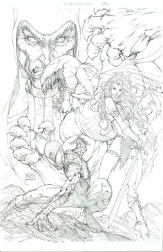 a pencil drawing of some characters from dc comics