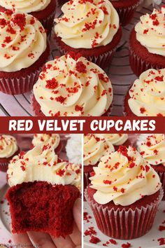 red velvet cupcakes with white frosting and sprinkles