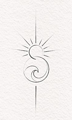 the letter s is drawn in black ink on white paper with a sun behind it