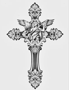 a cross with an angel on it and ornate designs around the cross, in black and white