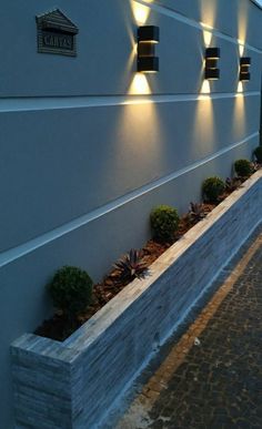 a building with some lights on it and plants in the middle of the wall next to it