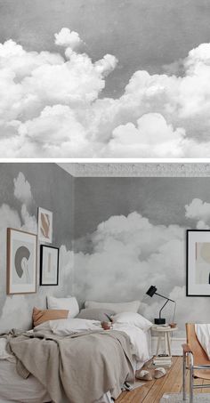 two photos of a bedroom with clouds painted on the wall