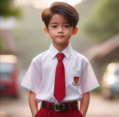 a young boy wearing a red tie and white shirt is standing on the street with his hands in his pockets