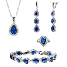 Top quality womens jewelry set featuring pendant necklace, bracelet, earrings and ring Made with 925 Sterling Silver and white and blue AAA+ Cubic Zirconia Set has a 20 inch Necklace, bracelet is 7 inches in length with 1 inch extension link (can accommodate wrists 7 in to 8 in ) and the dangle earrings are 2 in Great elegant water drop design that is perfect for weddings, anniversary, honeymoon, dinner parties and other special occasions Part of our signature gift collection and packaged in a l Water Drop Design, Square Halo Engagement Rings, Birthstone Engagement Rings, Heart Wedding Rings, Drop Jewelry, 20 Inch Necklace, Drop Design, Womens Jewelry, Silver Jewellery Sets