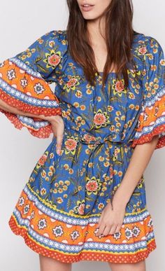 Bright Floral Print Dress Can Be Worn On Or Off Shoulder. Bell Sleeves. Tie Belt At Waist. Has Pockets!! So Cute And Perfect For Summer Or Spring Break! 100% Cotton. Blue Bohemian Dress With Colorful Pattern, Bohemian Blue Dress With Colorful Pattern, Vibrant Orange Printed Dress, Vibrant Blue Dresses For Vacation, Vibrant Blue Spring Dresses, Orange Boho Print Short Sleeve Dress, Orange Boho Print Sundress, Orange Bohemian Mini Dress For Spring, Bohemian Orange Mini Dress For Spring