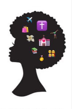 the silhouette of a woman's head with icons in her hair and an image of a church