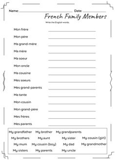 the french family members worksheet is shown in black and white, with an image of