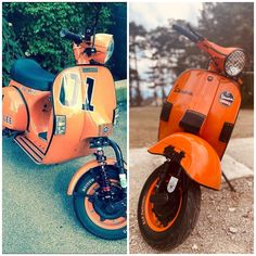 an orange scooter parked on the side of a road next to another moped