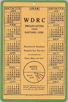 a yellow and green calendar with numbers on the front, in black lettering that reads wdrc