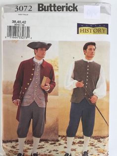 Butterick 3072 Historical Suit 38 40 42 Uncut Costume Pattern Colonial Vest Hat #Butterick #RevolutionaryWarSuit #CosplayReenactment 18th Century Costume, Costume Sewing Patterns, Butterick Pattern, Costume Patterns, Butterick Sewing Pattern, Paper Sewing Patterns, Couture Vintage, Vest Coat, Sewing Pattern Sizes