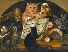 there is a painting with many cats on the table and one cat playing an instrument