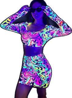 Neon Glow Party Outfit, Glow Party Outfit, Neon Glow Party, Tank Top Skirt, Party Outfits For Women, Shein Icon, Cropped Camisole, Fake Hair, Vintage Flare