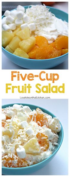 three different pictures of fruit salad with pineapples, oranges and whipped cream