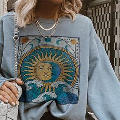 Vintage Casual Long-sleeved Printed Sweatshirt Blue Graphic Print Summer Sweatshirt, Blue Graphic Print Sweatshirt For Summer, Casual Long Sleeve Summer Sweatshirt, Casual Long Sleeve Sweatshirt For Summer, Winter Plaid, Sweatshirts Online, Vintage Casual, Winter Casual, Fashion Tops