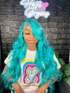 Outfits With Colored Hair, Birthday Wigs Hairstyle, Light Blue Wig Hairstyles, Summer Weave Hairstyles, Blue Wig Hairstyles, Exotic Wig Hairstyles, Sew In With Color, Side Part Blue Wig, Teal Wig Black Women