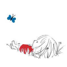 a drawing of a person laying on the ground next to a butterfly