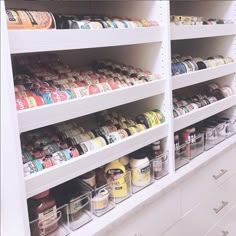 the shelves are full of canned food and condiments