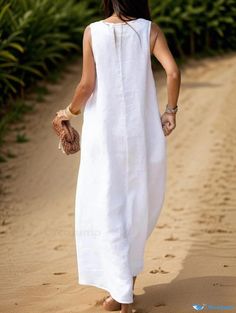 Orcajump - Sleeveless White Linen Blend Maxi Dress with Deep Neckline Non-stretch Sleeveless Beach Dress For Spring, Non-stretch White Maxi Dress For Beach, White Non-stretch Maxi Dress For Beach, White Non-stretch Maxi Dress For Vacation, Elegant Sleeveless Chiffon Dress For Vacation, Sleeveless Maxi Dress For Beach Season, Sleeveless Maxi Dress For Beach Daywear, Elegant Sleeveless Maxi Dress For Beach, Casual Non-stretch Sleeveless Beach Dress