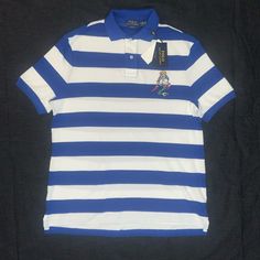 Nwt Blue And White Striped Polo Short W/Classic Bear Blue Collared Polo Shirt Preppy Style, Preppy Blue Cotton Polo Shirt, Preppy Blue Collared Polo Shirt, Preppy Blue Polo Collar Top, Blue Collared Polo Shirt For Spring, Light Blue Cotton Polo Shirt For Spring, Preppy Short Sleeve Blue Shirt, Spring Light Blue Cotton Polo Shirt, Preppy Blue Short Sleeve Shirt