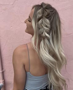 Side Braid Curled Hairstyles, Wedding Hair Down With Braid On Side, French Braid Hoco Hair, Beach Waves With Braids Boho, Simple Bridesmaid Hair Down With Braid, Curly Hair With A Braid On The Side, Curled Braid Hairstyles, Bridesmaid Hair Down With Braid On Side, Braid In Hair Down