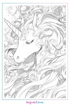 a unicorn with long hair and an intricate pattern on it's face is featured in this