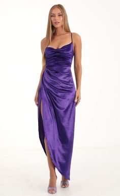 Lovely Velvet Luxe Maxi Dress in Purple | LUCY IN THE SKY Royal Purple Prom Dress, Purple Dress Outfits, Royal Purple Dress, Old Hollywood Dress, Purple Satin Dress, Cowl Neck Maxi Dress, Purple Long Dress, Sorority Recruitment Outfits, Recruitment Outfits