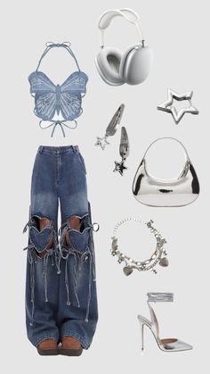 #butterfly#cute#silver#Y2k#hearts# jeans#winxvibes#outfitinspo #kpop #outfit Y2k Hearts, Silver Y2k, Korean Street Fashion Men, Butterfly Cute, Kpop Concert Outfit, Swag Outfits For Girls, Cute Preppy Outfits