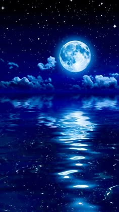 the full moon is reflected in the water and stars are shining above it, as well as clouds