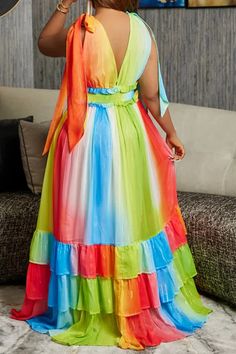 Romantic Colorful V-Neck Ruffle Backless Sling Maxi Dress Multicolor Backless Maxi Dress For Party, Multicolor Ruffled Maxi Dress For Beach, Multicolor Ruffled Maxi Dress For The Beach, Multicolor Ruffled Maxi Dress For Summer, Backless Multicolor Summer Maxi Dress, Multicolor Backless Maxi Dress For Summer, Multicolor Backless Summer Maxi Dress, Summer Multicolor Backless Maxi Dress, Multicolor Backless Dress For Day Out