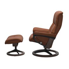 the reclining chair and ottoman is shown in brown leather