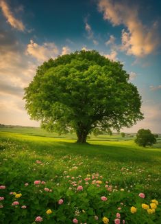 a large tree sitting in the middle of a lush green field with wildflowers