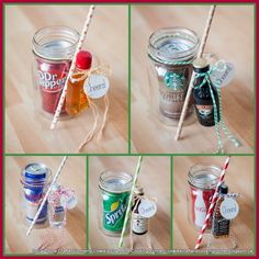 six pictures of different types of drinks in mason jars with straws and candy canes