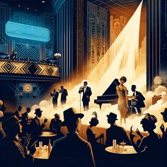 Jazz Age Jubilee Canvas 1940s Jazz Aesthetic, Jazz Band Art, Art Deco Animation, Jazz Club Art, Jazz Age Aesthetic, 1920s Jazz Club, Club Vibes Aesthetic, 1920s Music, Blue Note Jazz Club