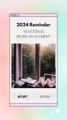 an open book sitting on top of a window sill next to a green and pink background