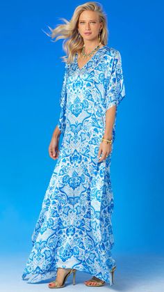 Mughal Emperor, Casual Luxe, Placement Print, Long Kaftan, Silk Kaftan, Silk Dress Long, Romantic Dress, Classic Blue, Petite Size