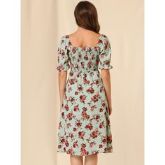 A good choice for your wardrobe, the floral prints will always be on-trend. With a sweet floral pattern, this casual floral dress is styled with sweet smocking details and puff sleeves with ruffled cuffs. The midi length for a stylish design shows your slim legs, and the floral print adds some highlights to your look. This midi-length dress is perfect for casual daily wear, dates, work, office, business, vacation, beach, etc. Casual Floral Dress With Ditsy Print And Square Neck, Casual Floral Dress With Smocked Bodice For Spring, Casual Floral Print Smocked Dress, Casual Floral Dress With Smocked Bodice For Vacation, Casual Floral Dress With Smocked Back For Brunch, Casual Ditsy Floral Print Dress, Casual Floral Short Sleeve Dress With Smocked Back, Casual Smocked Midi Dress With Floral Print, Casual Floral Dress With Puff Sleeves For Summer