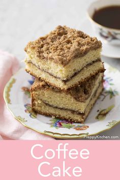 three pieces of coffee cake stacked on top of each other