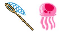 an illustration of a pink jellyfish and a blue net with a skull on it