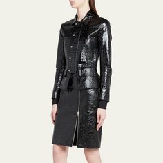 TOM FORD croc-embossed fitted leather jacket in lambskin leather Spread collar Snap button front Long sleeves Front flap pockets  Hip length  Leather/silk Made in Italy Tom Ford Leather Jacket, Fitted Leather Jacket, Tom Ford Jacket, Tom Ford Leather, Black Toms, Floral Shoes, Mens Scarves, Brown Leather Jacket, Leather Jacket Black