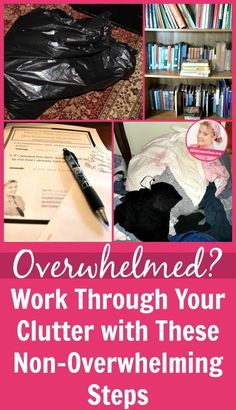 Overwhelmed Work Through Your Clutter with These Non-Overwhelming Steps pin at ASlobComesClean.com Slob Comes Clean, A Slob Comes Clean, Clutter Help, Clean Clutter, Clutter Solutions, Decluttering Inspiration, Clutter Control, Cleaning And Organizing, Getting Rid Of Clutter