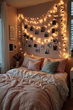 a bedroom decorated with lights and pictures on the wall