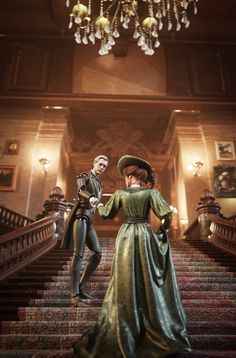 a man and woman dressed in period clothing standing on stairs with chandelier above them