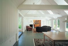 a living room filled with furniture and a fire place in the middle of a room