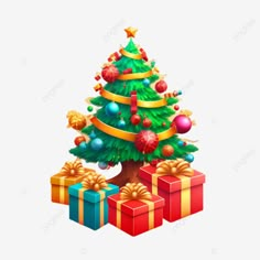 a christmas tree with presents under it and an ornament on the top, transparent png