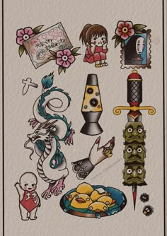 an old school tattoo flash sheet with various tattoos and other things on the back of it