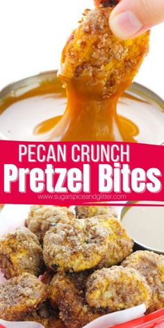 a person dipping some food into a bowl with the words pecan crunch pretzel bites