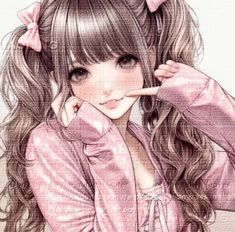 a drawing of a girl with long hair wearing a pink jacket and holding her hand up to her face