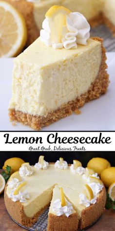 A double collage photo of lemon cheesecake with dollops of whipped cream and lemon slices around the top edge. Lemon Cream Cheesecake, Popular Cheesecake Recipes, Lemon Pies, Mini Lemon Cheesecakes, Apple Crisps, Baking Challenge, Dream Dessert, Dessert Squares