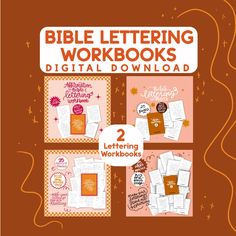 the bible lettering workbook is shown on an orange background with white writing and various images